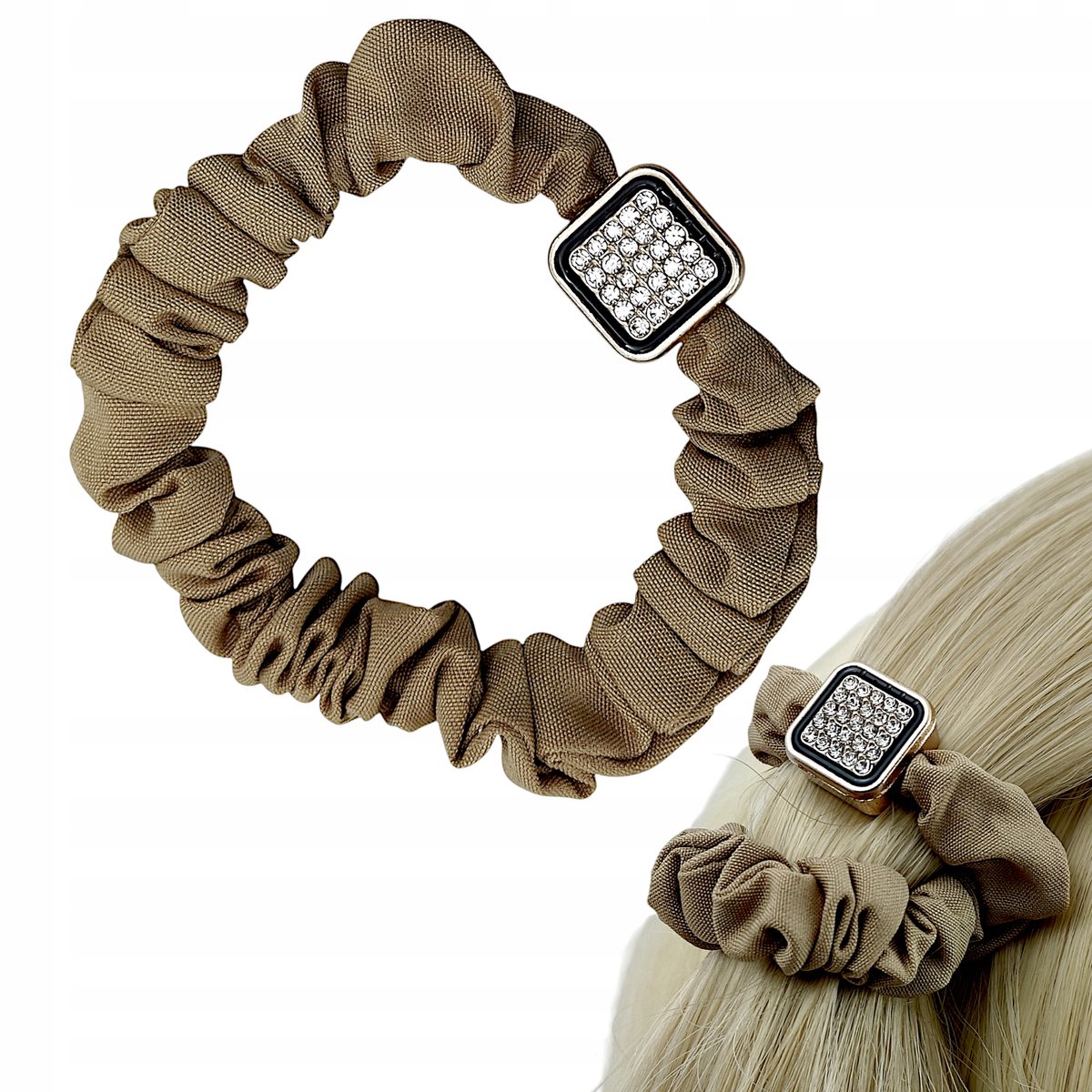 Sterke Haar Scrunchie met Zirkoon Versiering - Beige