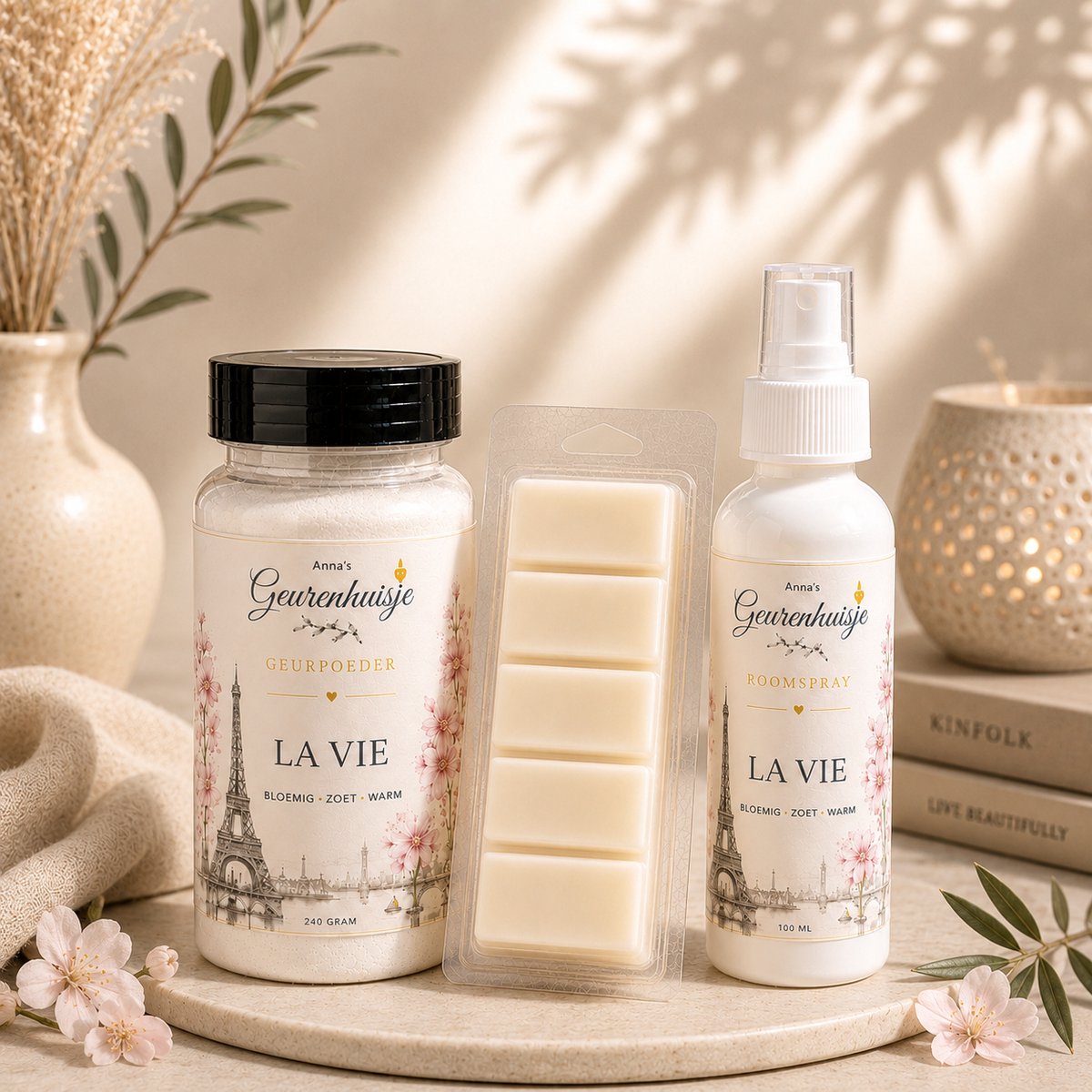 Anna's Geurenhuisje - Geurpakket La Vie - Waxmelts - Geurpoeder - Roomspray - Handmade - 3 delig - Dierproefvrij - Huisparfum