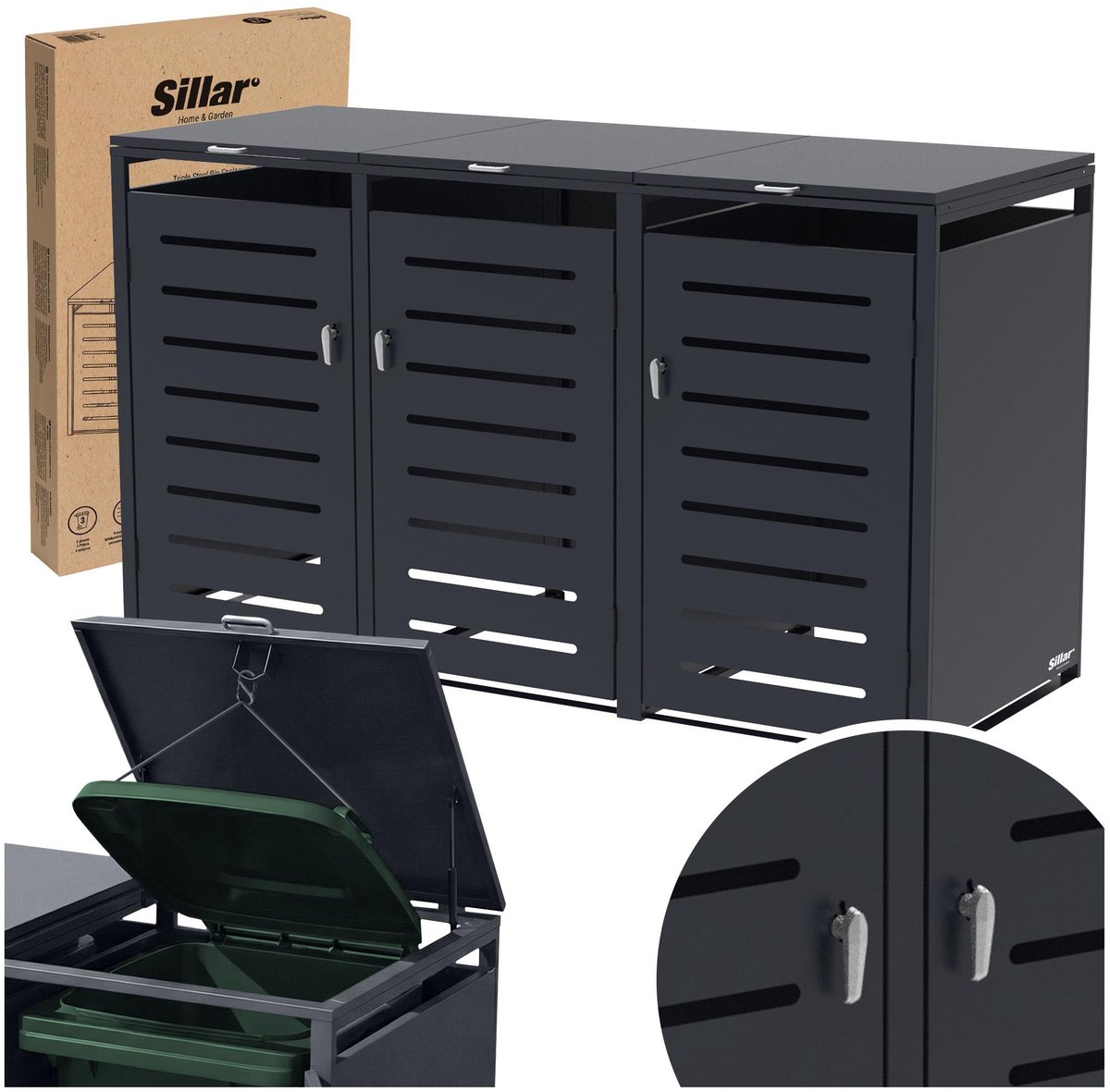 Sillar Afvalcontainer ombouw 3 x 240L - containerberging afvalbakberging - met slot - staal gegalvaniseerd - antraciet RAL 7016 - 206x80x116 cm