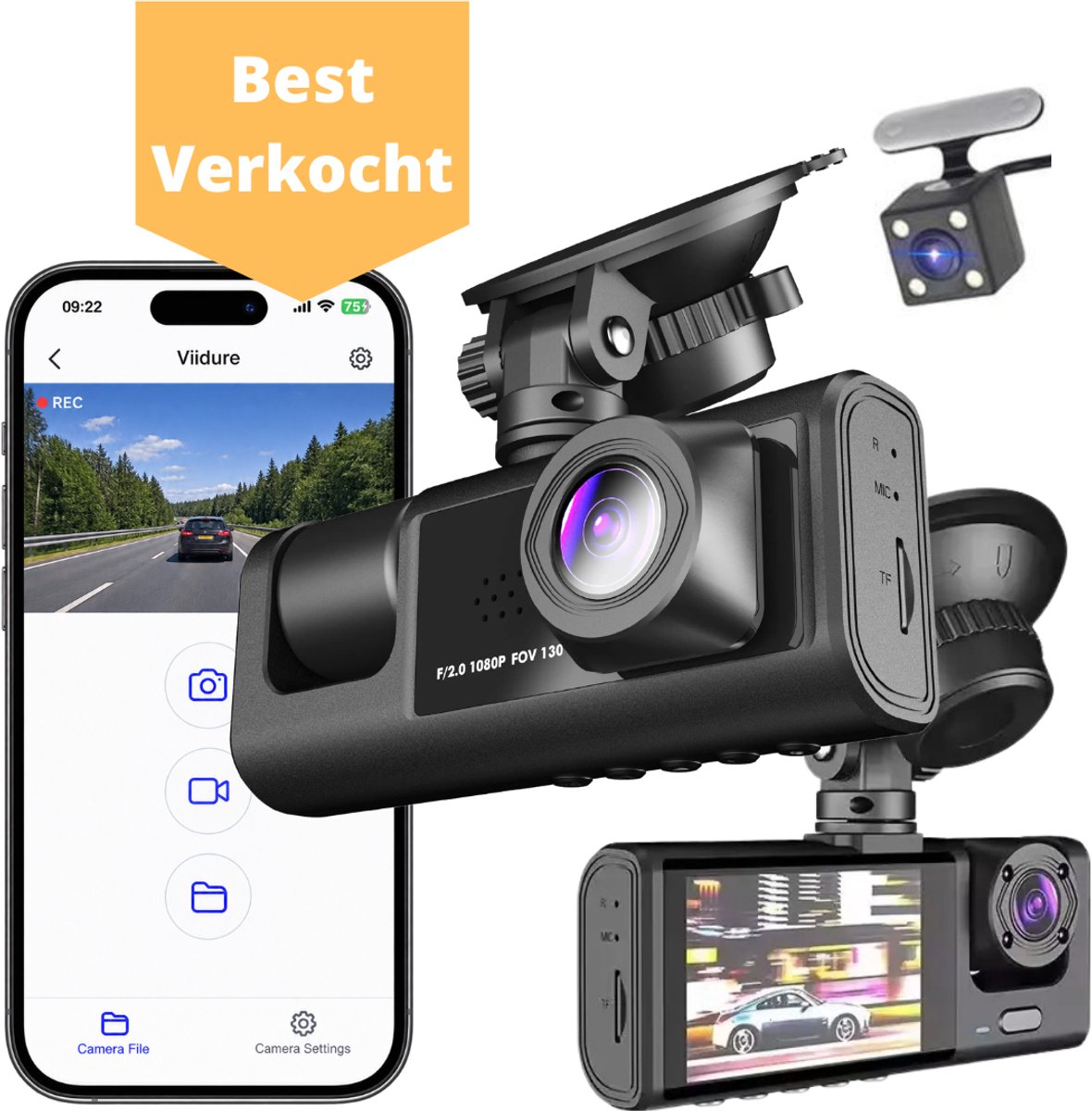 JML Dashcam V3 – Dashcam voor auto - 3 Camera's - Voor-Achter- en Binnencamera – 2K QHD – Nachtzicht – Parkeerbeveiliging – Loop Recording - Met App via WiFI