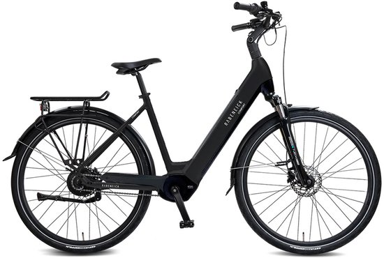 Zwarte Rabeneick Comfort elektrische stadsfiets met middenmotor, verende voorvork, bagagedrager en schijfremmen.