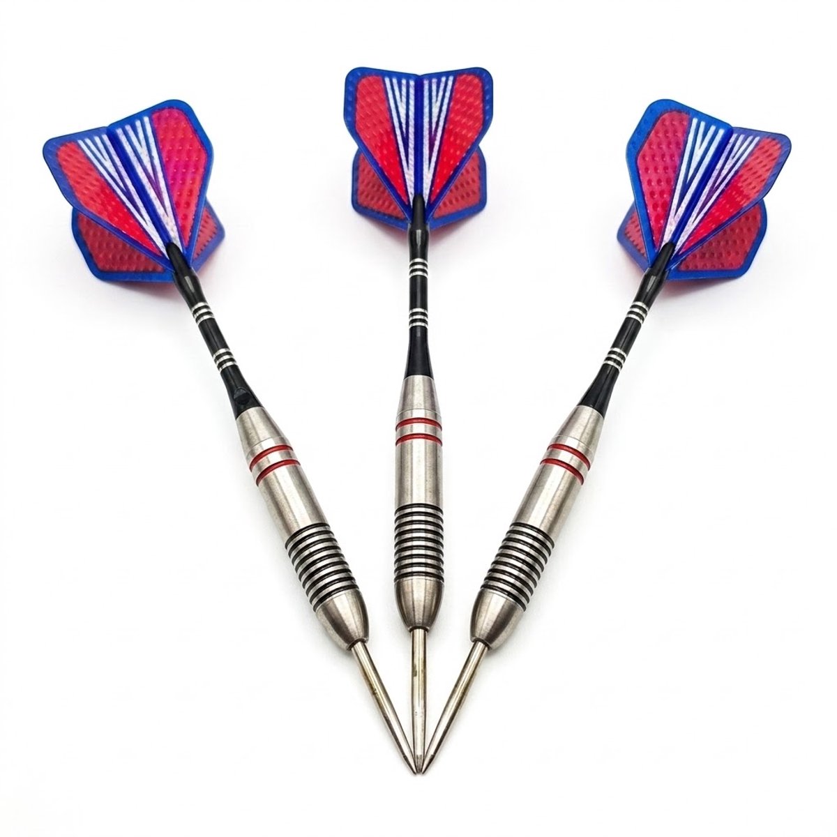 Rood blauw zilverkleurig dartpijlen set 3 stuks 24g dartpijlen heren dames metalen punt roestvrij staal darts met geribbelde grip en rood blauwe flights