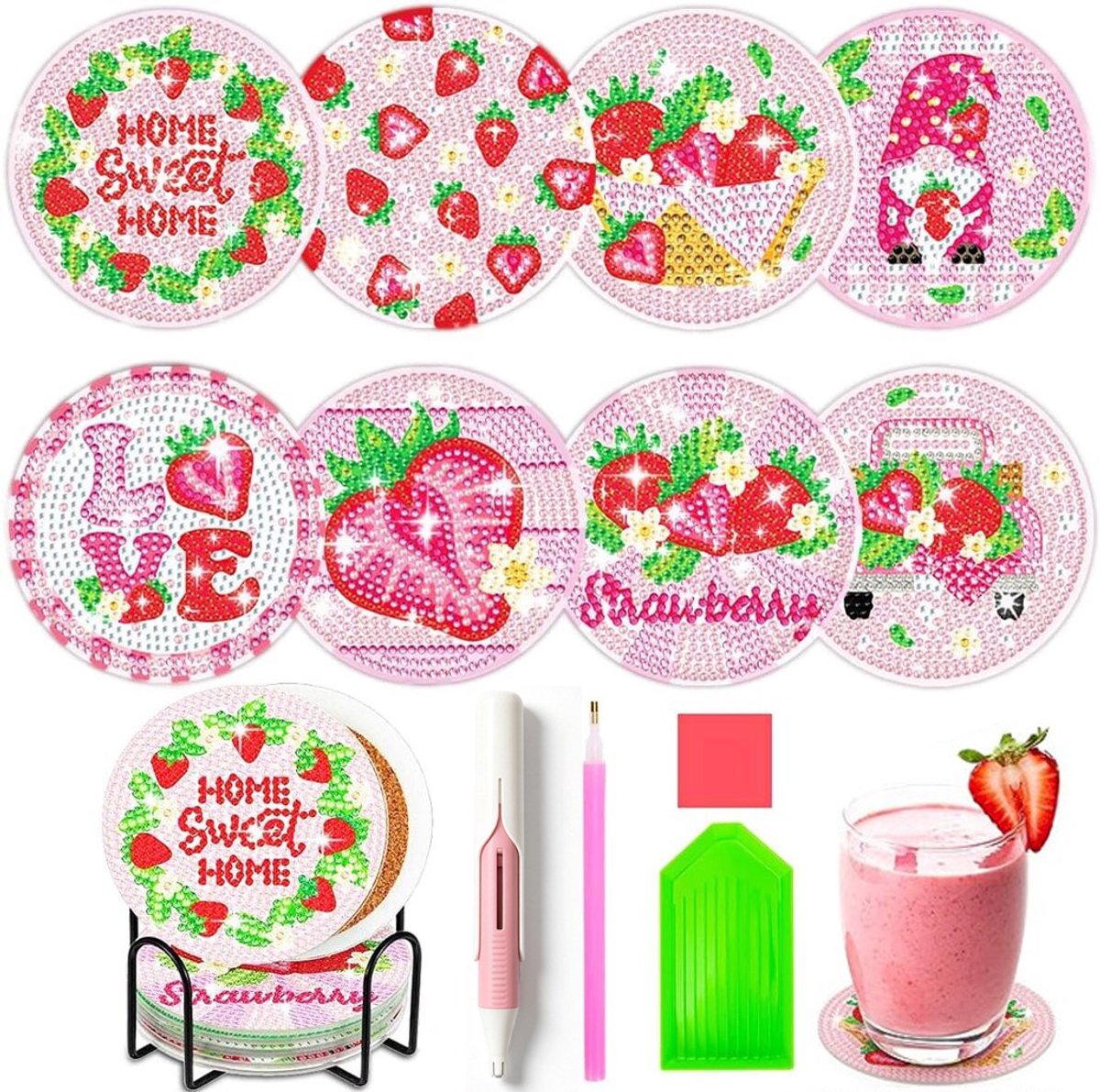 Namajunas - 8 Stusk Onderzetters met houder - Diamond painting - DIY Diamant Schilderij Glas Onderzetters - Antislip-onderzetters voor drankjes - Roze Aardbei - Met Diamond Painting Pen - Voor Volwassenen & Kinderen - Decoratie voor Huis - Cadeaus