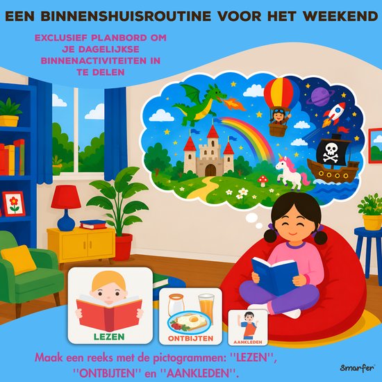 Meisje leest in een zitzak, dromend over een kasteel, draak en ruimteschip. Pictogrammen Lezen, Ontbijten en Aankleden.
