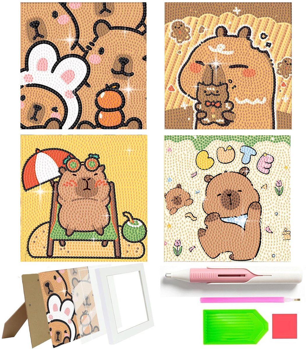 Namajunas - 4 Stusk Capybara Diamond Painting set - 15x15cm - Met Diamond Painting Pen & 4x Lijst - Capibara - Parels - Diamond Painting Volwassenen & Kinderen - Creatief Knutselen - DIY Knutselpakket - Decoratie voor Huis - Cadeaus