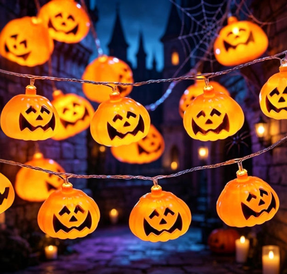 Halloweenversiering: Pompoenlichtslinger op batterijen, 3 meter, 20 LED's, schattige oranje 3D-pompoen, constant/knipperend, twinkellicht voor binnen- en buitendecoratie, veranda en feestjes.