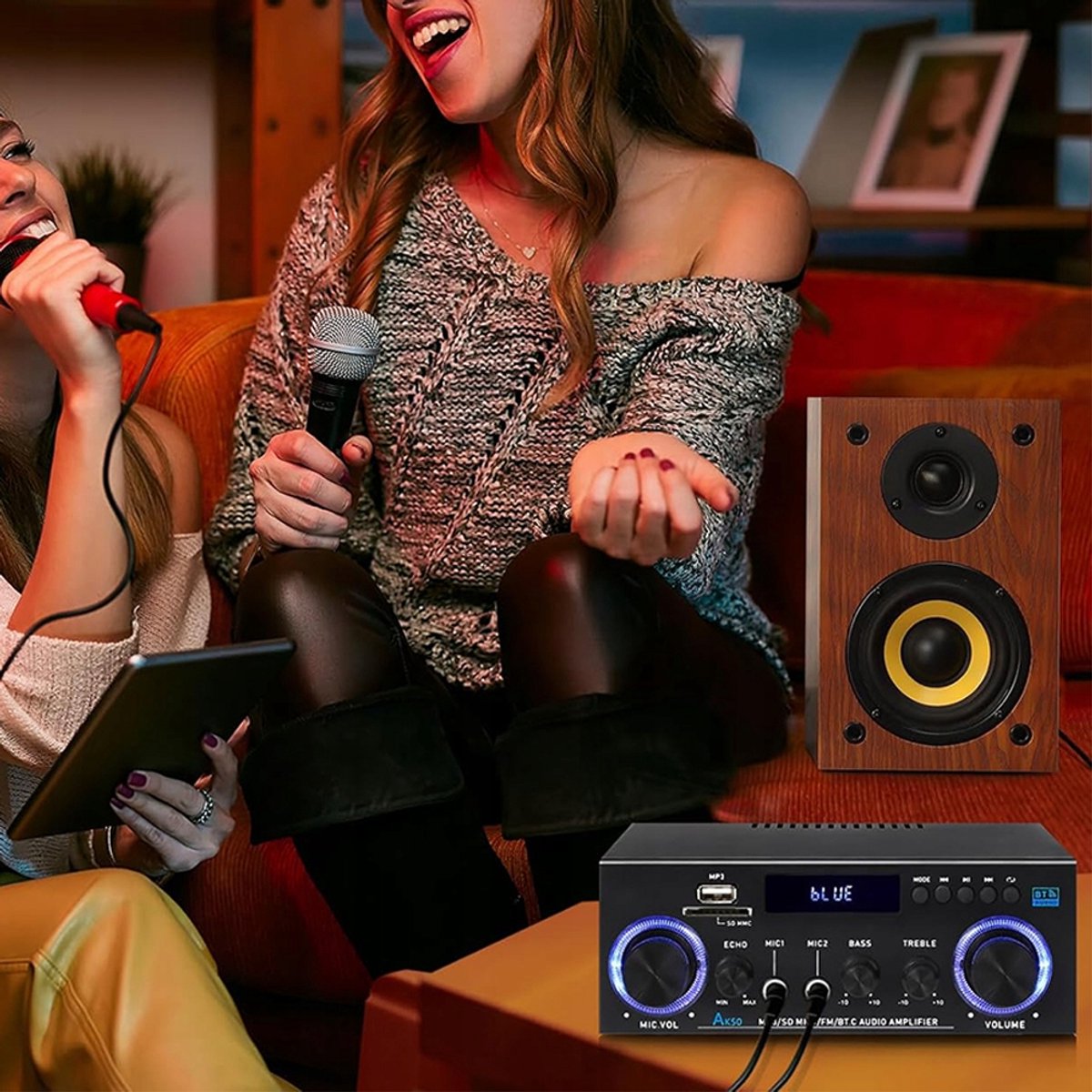 Bluetooth Versterker - HiFi Stereo Versterker - Mini Audioversterker - 2.0 Kanaals - 50W+50W - USB/SD - FM Radio - Microfooningang - Afstandsbediening - Bas & Treble Instelbaar - Voor Karaoke & Home Cinema thumbnail 3