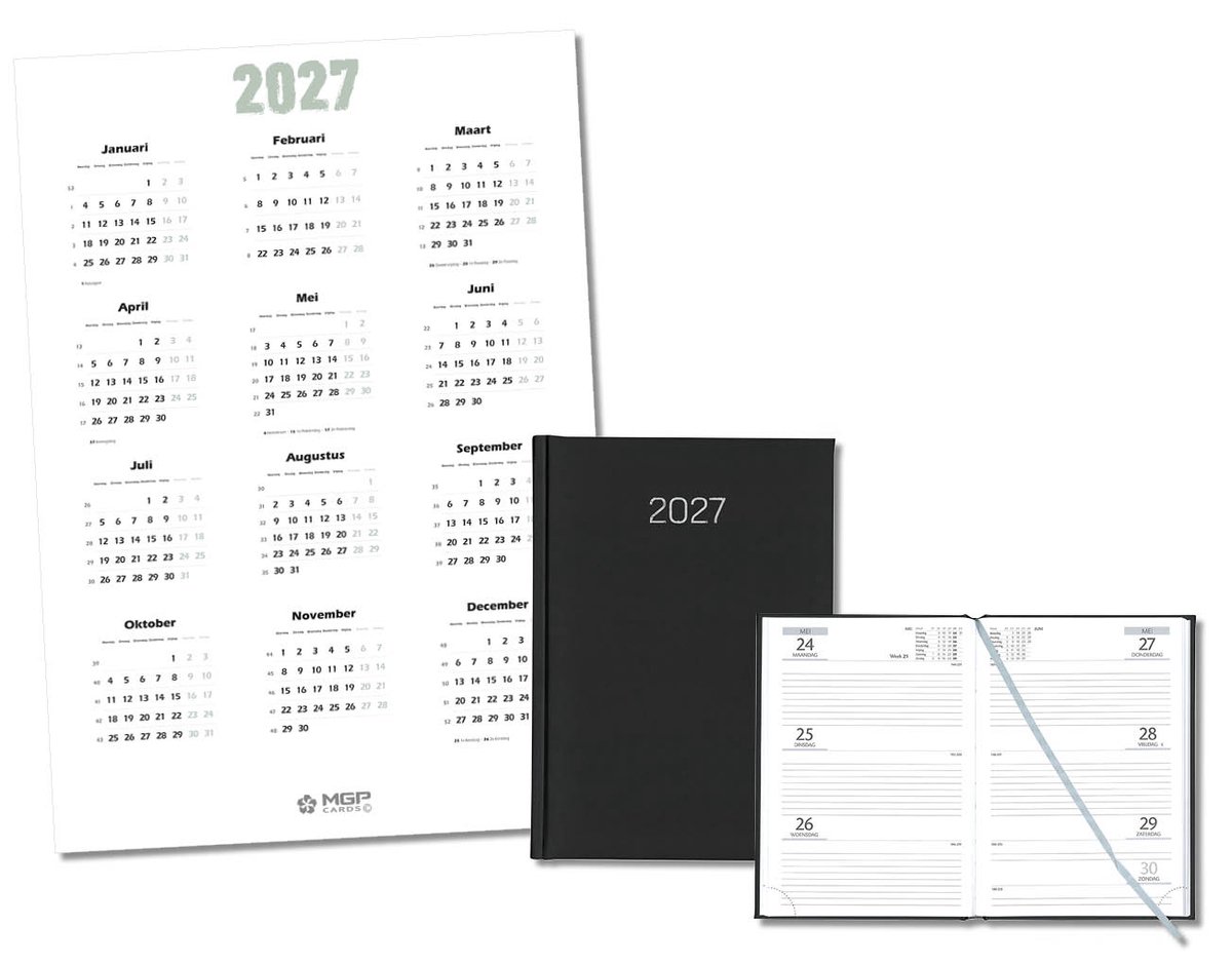 MGPcards - Bureau Week-agenda 2027 - H72 - A5 - 1 week 2 pagina's - Nederlandstalig - Gewatteerde omslag - 14.8 x 21 cm - Mat Zwart + Jaar kalender - Kalender 2027 - Wandplanner - Jaarplanner - Grote planner - A2 formaat - Poster - 42 x 59,4 cm