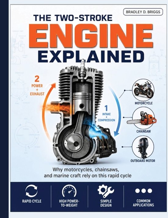 Boekomslag getiteld The Two-Stroke Engine Explained met een doorgesneden tweetaktmotor en voorbeelden zoals motor, kettingzaag en buitenboordmotor.