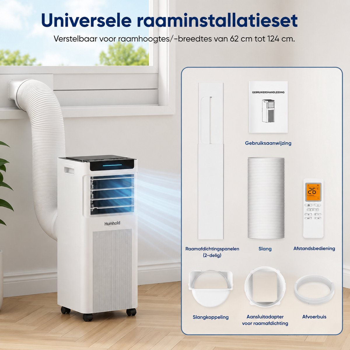 Mobiele Airco 7000 BTU 2,0 kW – 3-in-1 Draagbare Airconditioner met Koelen, Ontvochtigen & Ventileren – Stille Slaapmodus, 24-Uurs Timer, R290 Koudemiddel – Inclusief Afvoerslang & Raamkit – Wit