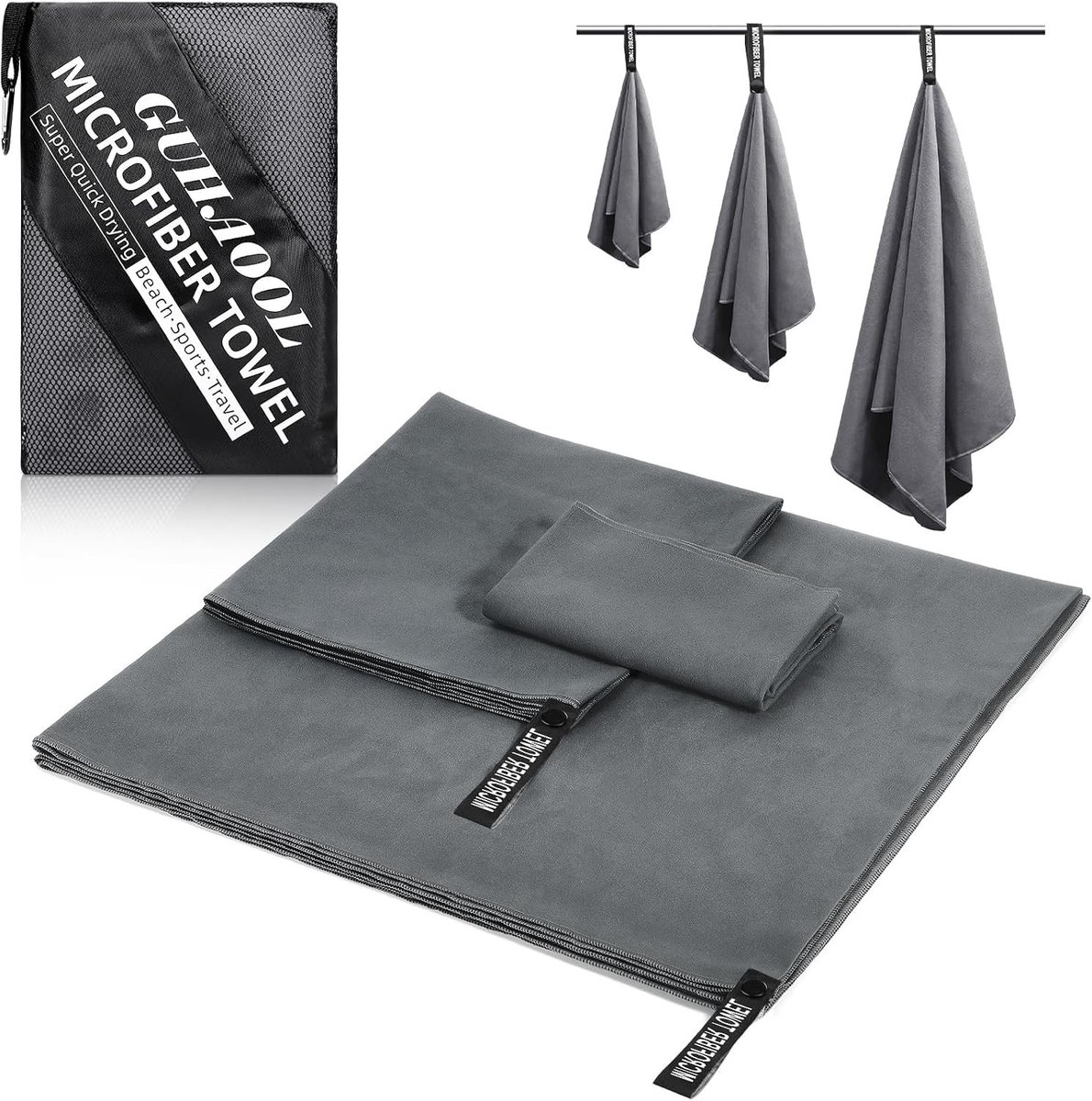 Microfiber Reishanddoekenset - Donkergrijs - 180 x 80 cm + 100 x 50 cm + 70 x 40 cm - Lichtgewicht en Sneldrogend - Voor Strand, Camping en Fitness