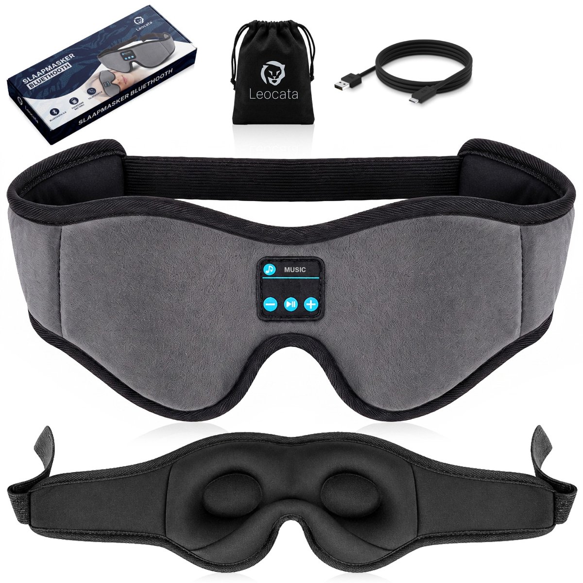 LEOCATA Bluetooth Slaapmasker – Draadloos 3D Oogmasker met Speakers – Slaapmasker voor Zijslapers - Wasbaar – Grijs