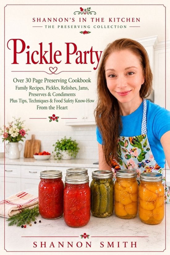 Kookboek 'Pickle Party' met een vrouw in een bloemenschort en vijf glazen potten met ingemaakte groenten en fruit.
