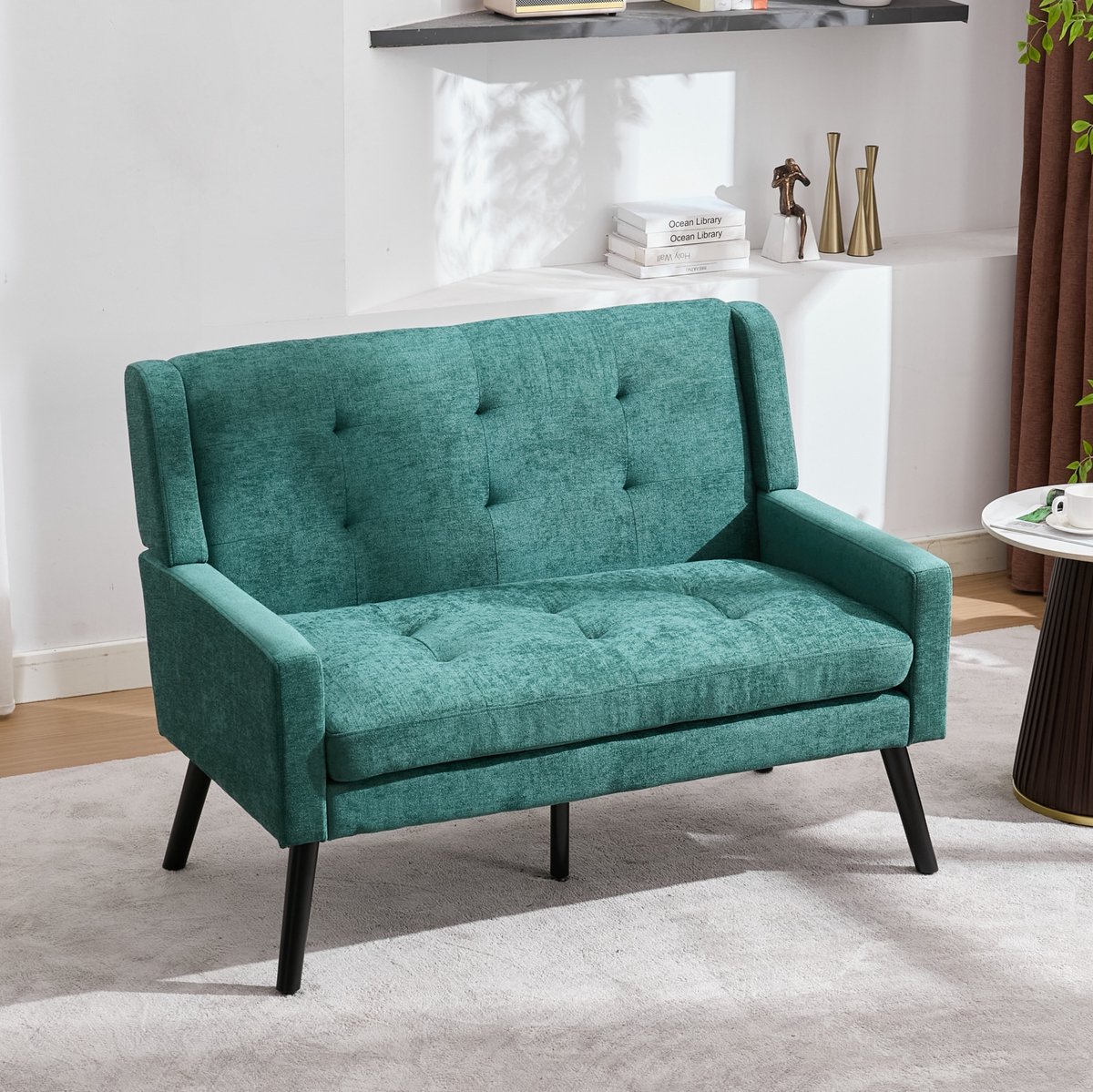 Wishdor 2-zits bank - Retro groen - Linnen bekleding - Tufting en houten poten - Voor woonkamer, slaapkamer en kantoor - 119 x 75 x 88 cm