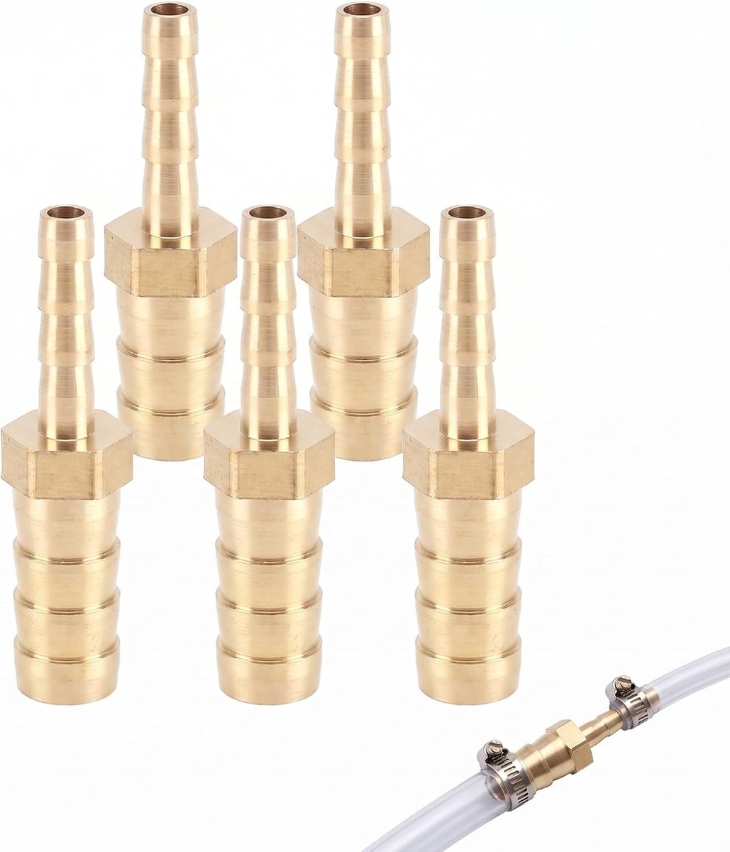 Set van 5 Messing Slangadapters, Verbindingsstukken voor Brandstof, Water, Olie en Lucht, 8 mm en 6 mm Rechte Adapters