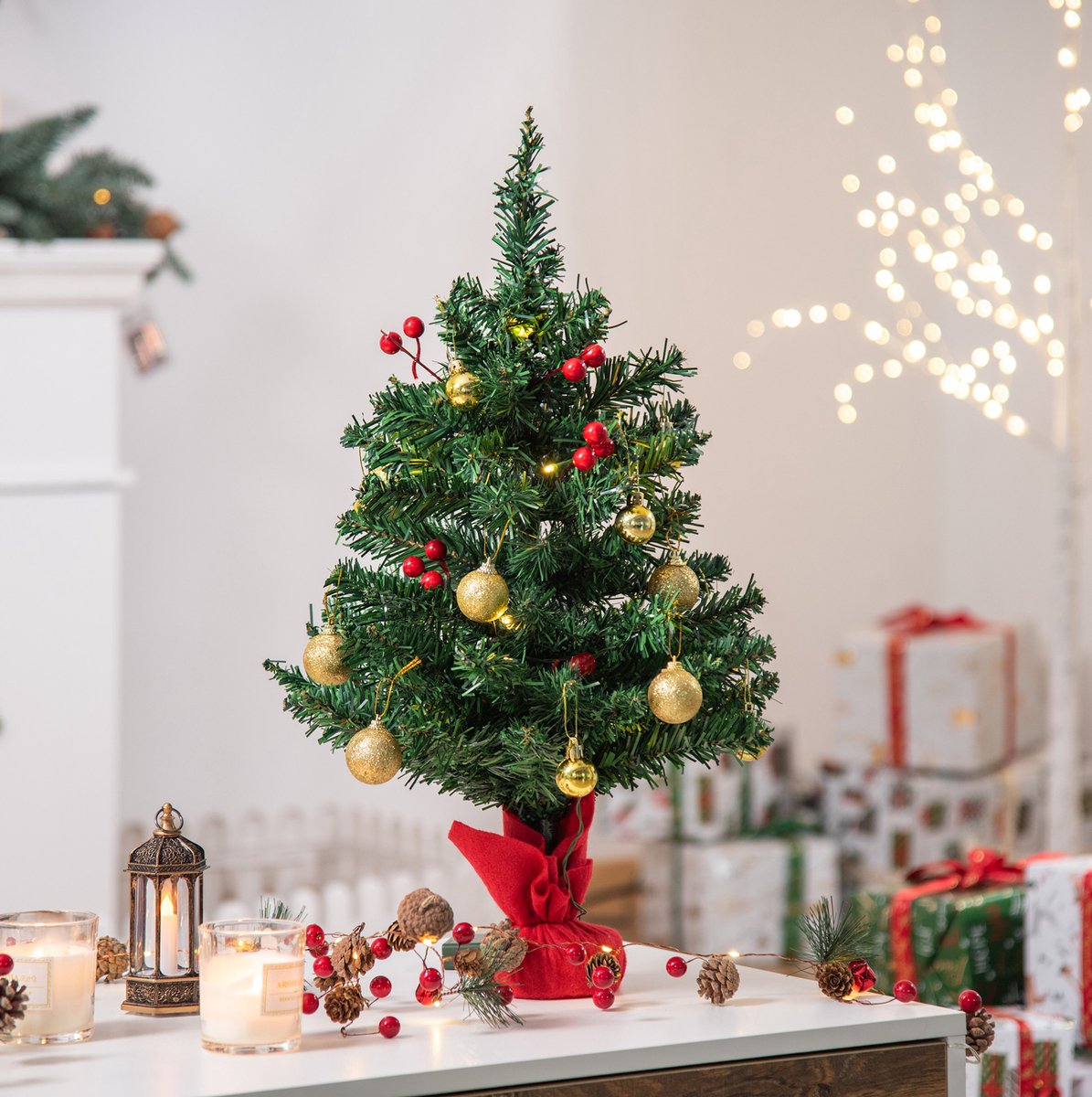 REDOM - Mini kerstboom - 15 warmwitte LED-lichtjes - 73 PVC takken - 16 kerstballen en hulstbessen - Tafeldecoratie - PVC - Groen - Ø40 x 60 cm