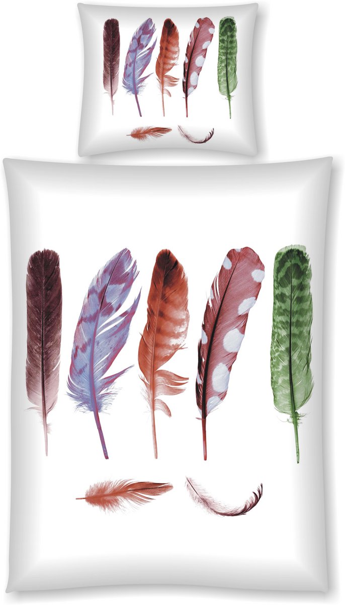 Padiro dekbedovertrek 135 x 200 cm - meerkleurig - boho veren print design - 100% katoen - met 1 kussensloop 80 x 80 cm
