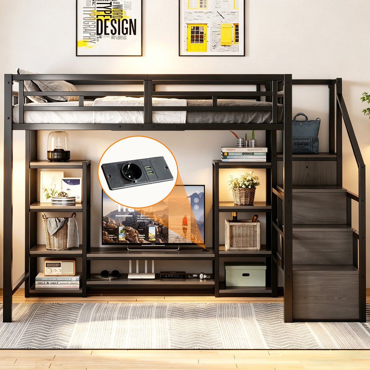 Stapelbed 140x200 cm - Met Ladder - Met Opbergruimte - Met Stopcontact - Zwart