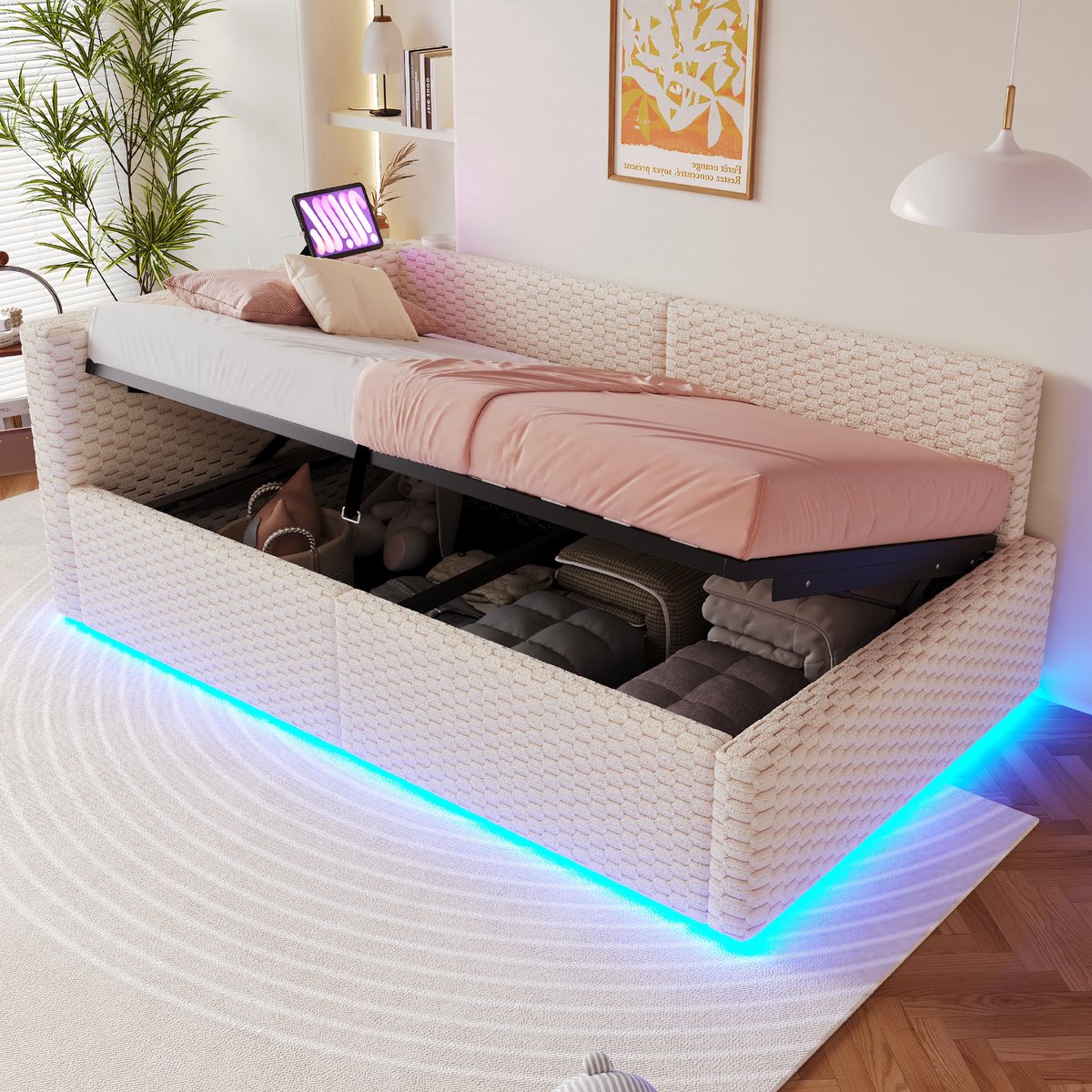 Slaapbank 90x200 cm - Met LED-verlichting - Met USB-aansluiting - Met Fluweel - Beige