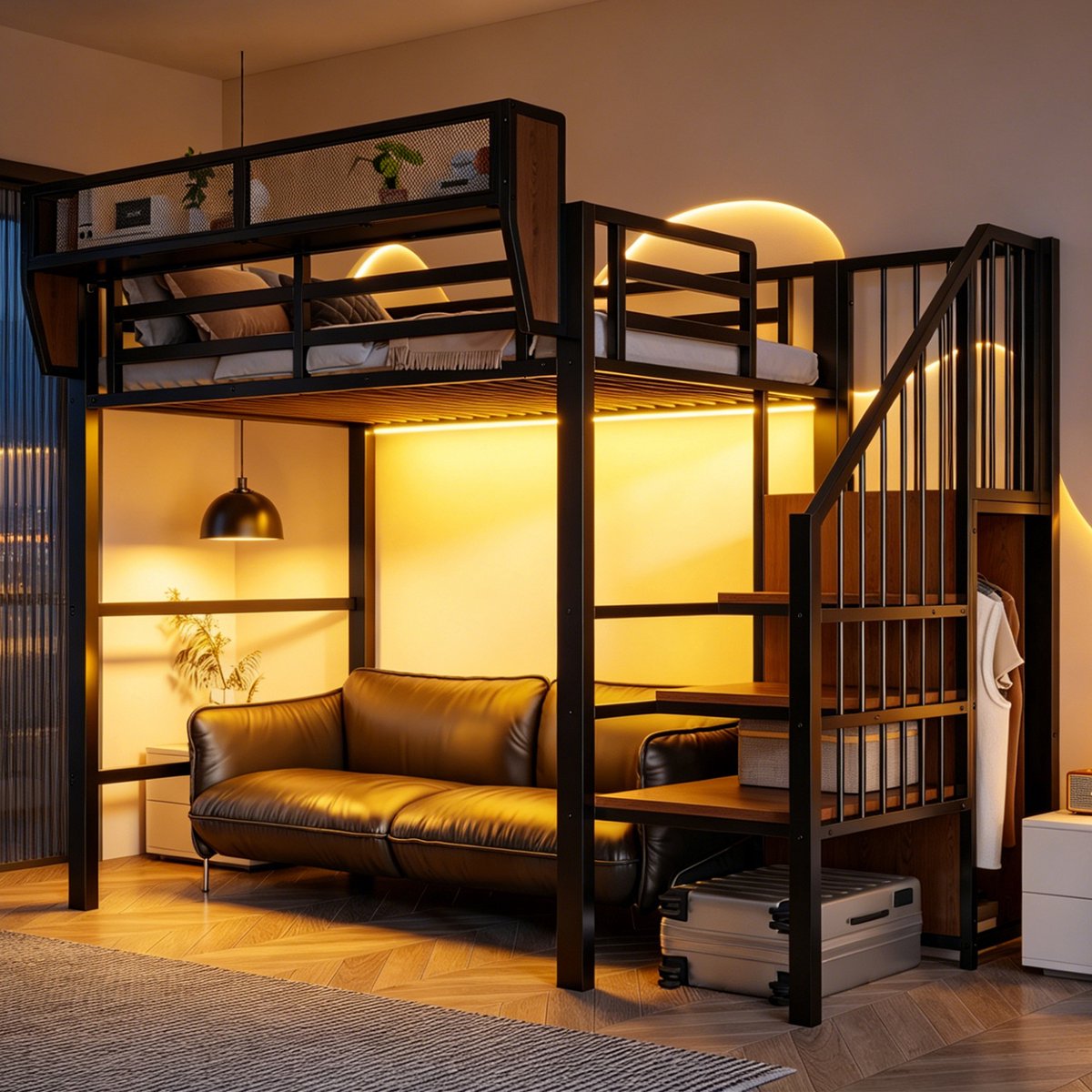 Stapelbed 90x200 cm - Met Ladder - Met Opbergruimte - Met LED-verlichting - Zwart