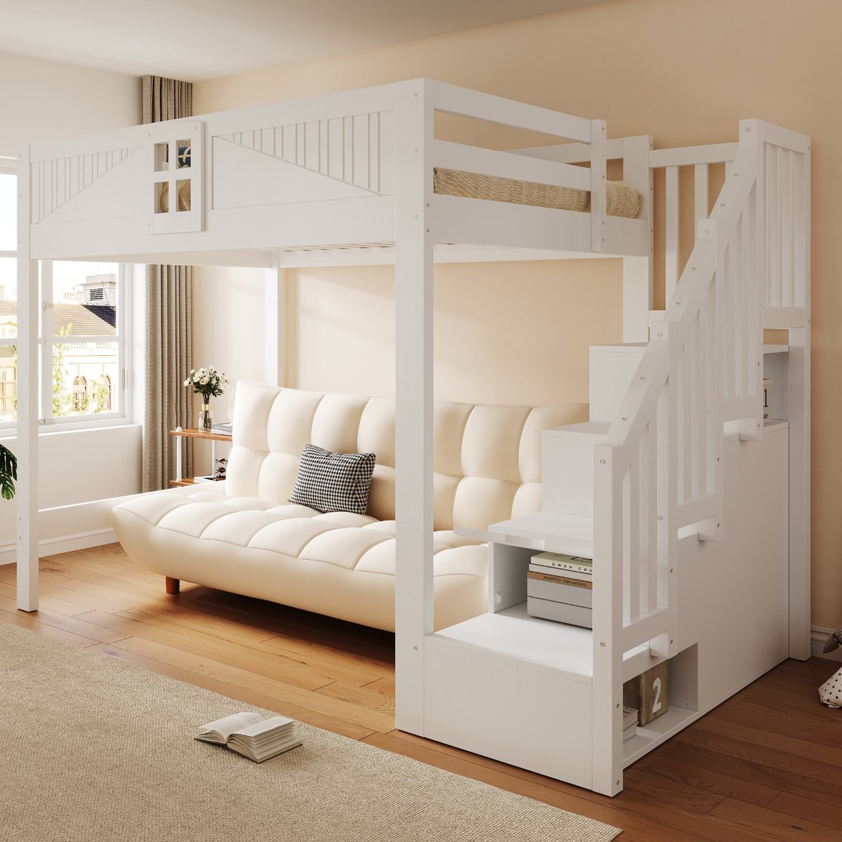 Houten Hoogslaper 140x200 cm - Met Ladder - Met Valbeveiliging - Met Opbergruimte - Wit