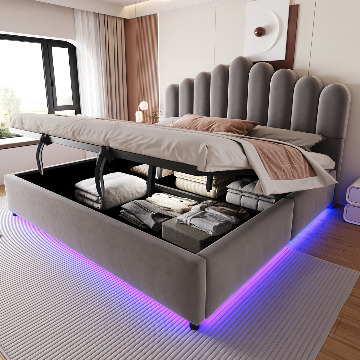 Opklapbed 180x200 cm - Met Opbergruimte - Met LED-verlichting - Met Hoofdeinde - Met Fluweel - Grijs