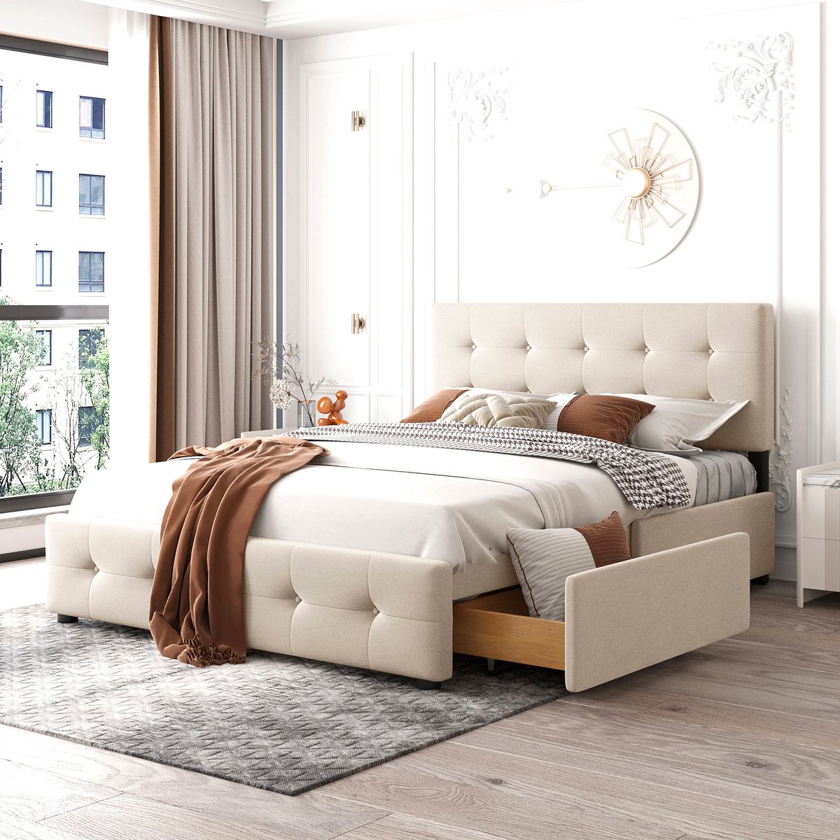 Gepolsterd Kinderbed 140x200 cm - Met Opbergruimte - Met Fluweel - Met Lades - Uitschuifbaar - Beige