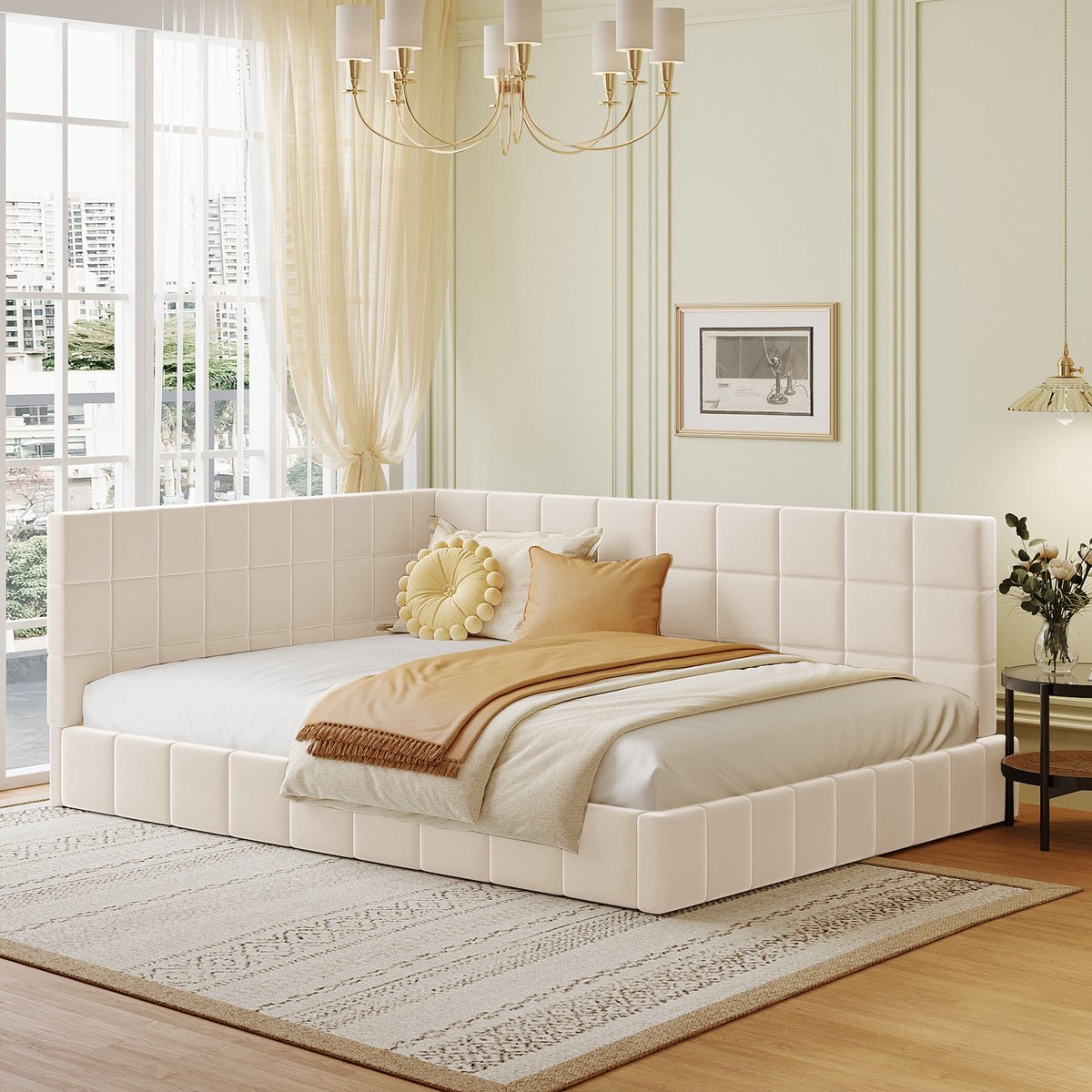 Slaapbank 140x200 cm - Met Fluweel - Met Hoofdeinde - Met LED-verlichting - Beige