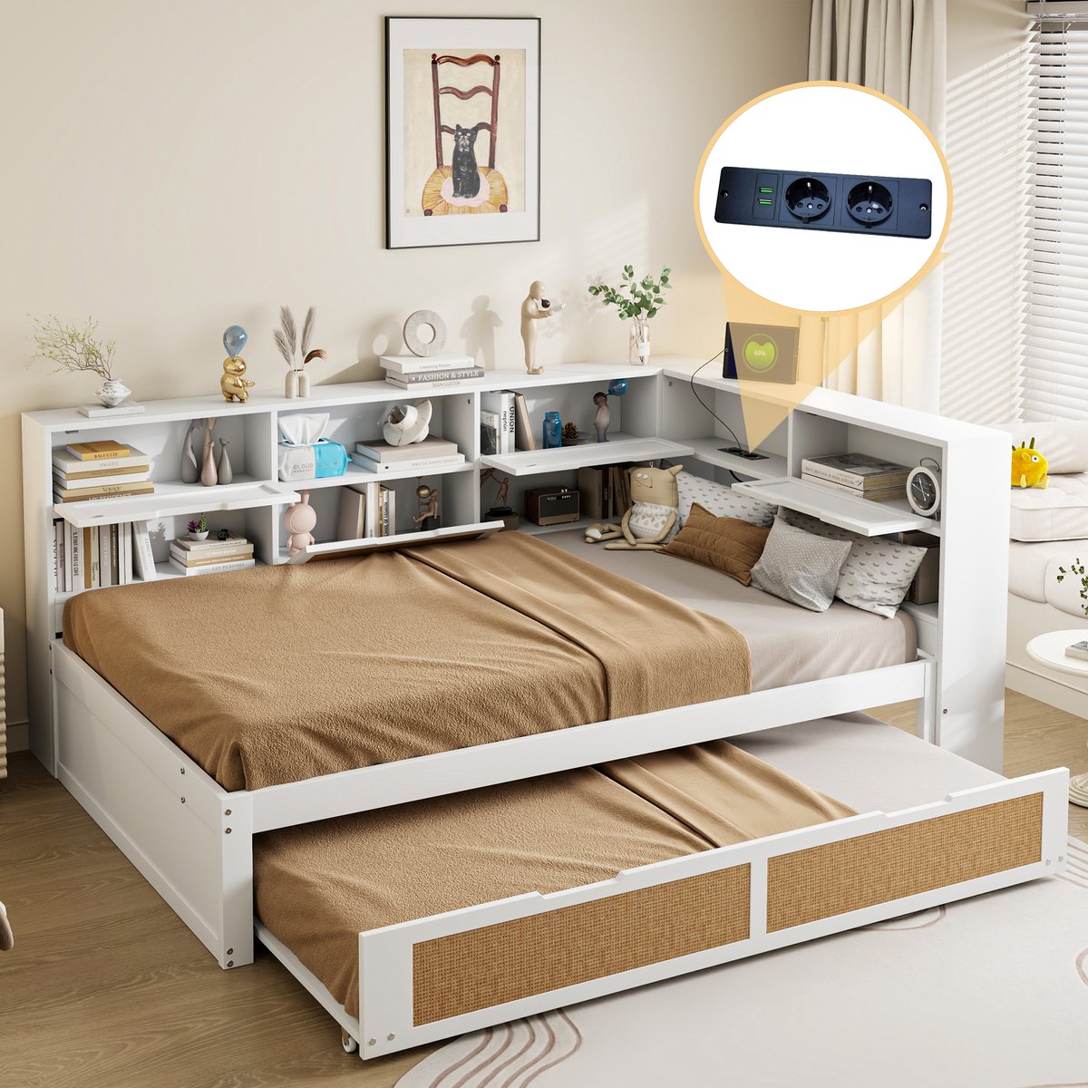 Slaapbank 140x200 cm - Met Opbergruimte - Met Stopcontact - Met Stopcontacten - Wit