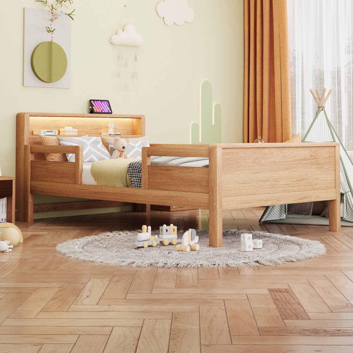 Houten Kinderbed 90x200 cm - Met LED-verlichting - Met USB-aansluiting - Naturel Hout