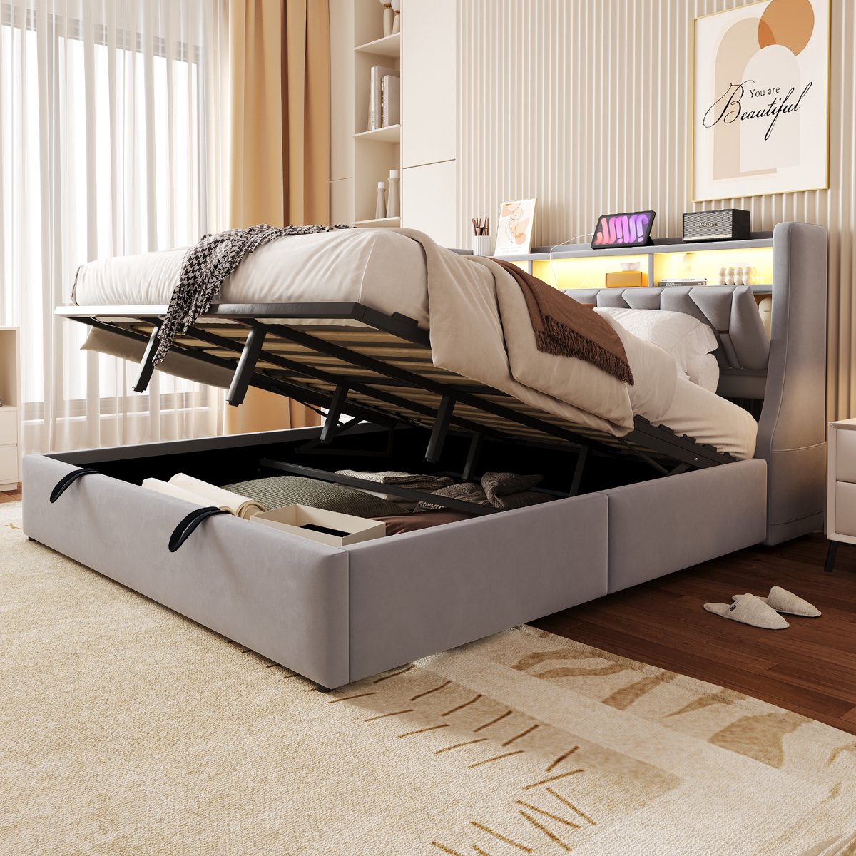 Gepolsterd Bed 180x200 cm - Met Opbergruimte - Met LED-verlichting - Met Stopcontact - Light Grijs
