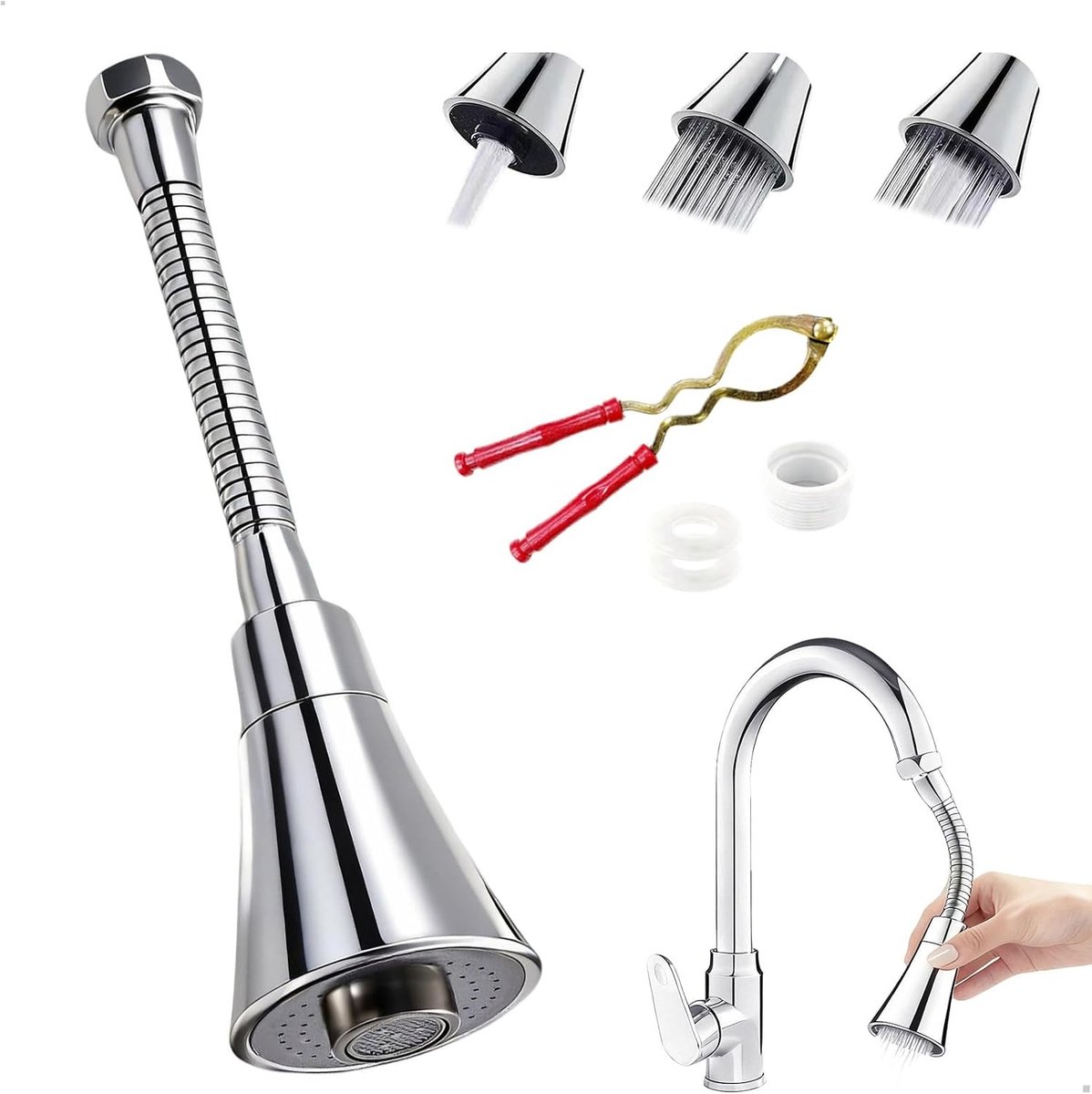 360 Graden Draaibare Kraanverlenging met 3 Spuitfuncties, RVS Kraanaccessoire voor Keuken en Badkamer, Ideaal voor Gemakkelijk Watergebruik