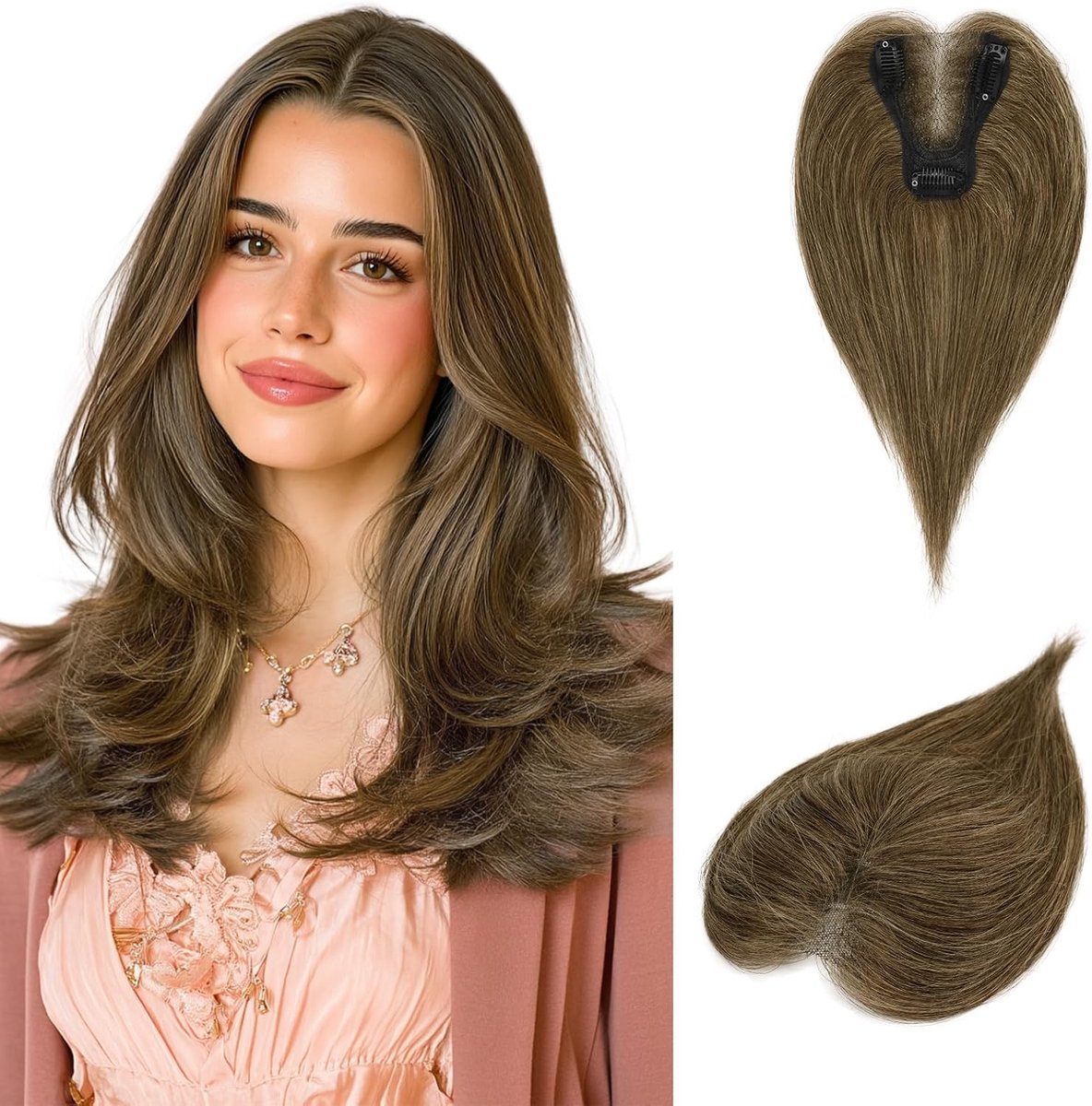 Natuurlijke Haarstuk voor Vrouwen met Bruine en Blonde Highlights - Clip-in Haarstuk voor Steil Haar, Perfect voor Volumineuze Styling