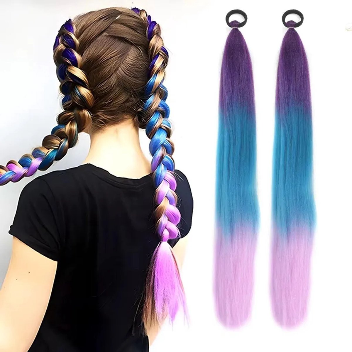 Casalora Paars Verloop Pruik – Gevlochten Haarverlenging – 2 Stuks Dubbele Paardenstaart Pruik – Geschikt voor Cosplay, Carnaval, op Feestjes en als Halloween – Anime Kostuumaccessoire