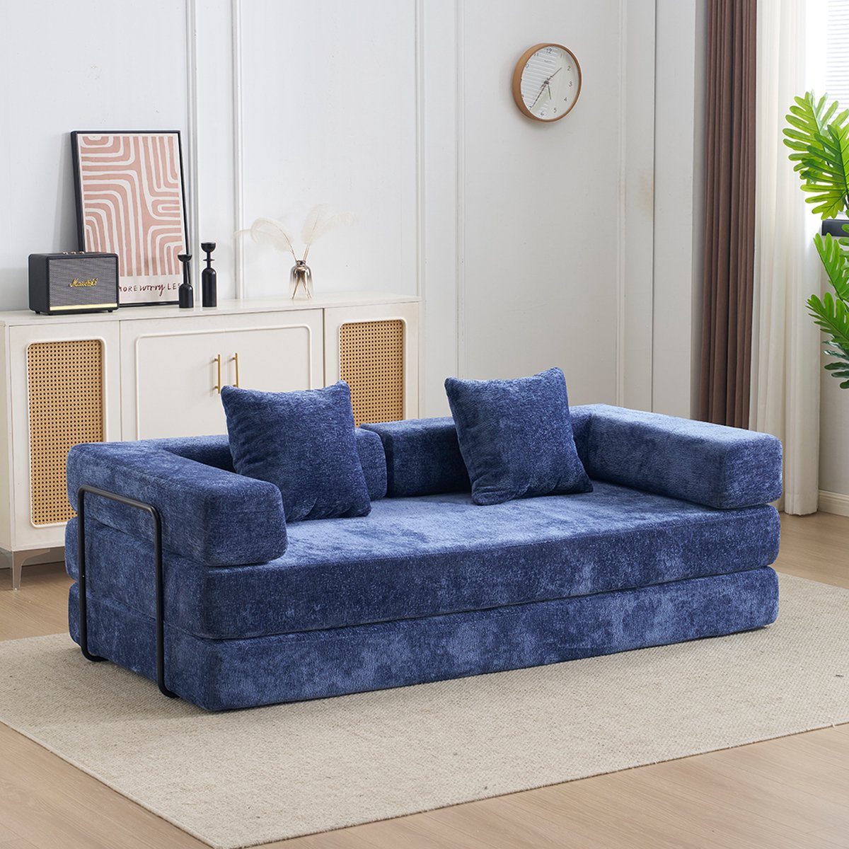 Vankel Multifunctionele Corduroy Slaapbank–Vaste Framebank–Opvouwbaar met 2 Kussens en Armleuningen–Comfortabel 2-in-1 Ontwerp–Geschikt voor 2 Personen-Te Gebruiken als Logeerbed, Bank en Ligstoel–Ideaal voor Woonkamer, Appartement of Kleine Ruimtes–blauw donkerblauw