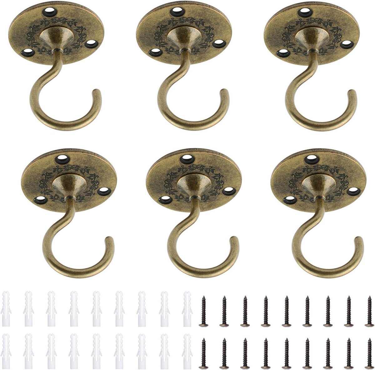6 Stuks Antiek Brons Schijfvormige Gesneden Plafond Haken voor Hangende Planten en Decoraties, Decoratieve Metalen Ronde Plaat Haken voor Verlichting en Interieurdecoratie