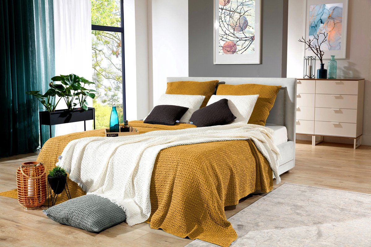 Wafelkussens 160x220cm - Zachte Katoenen Bedsprei - Mosterdgeel