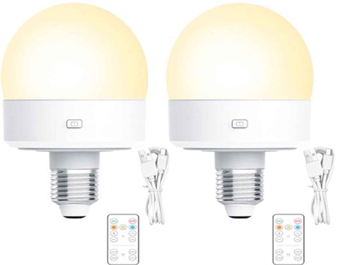 Oplaadbare LED-lamp - 2 stuks - Met afstandsbediening - 3 kleurtemperatuurstanden - E27-schroeffitting - Geschikt voor tafellampen, nachtlampjes, kamperen - Wit