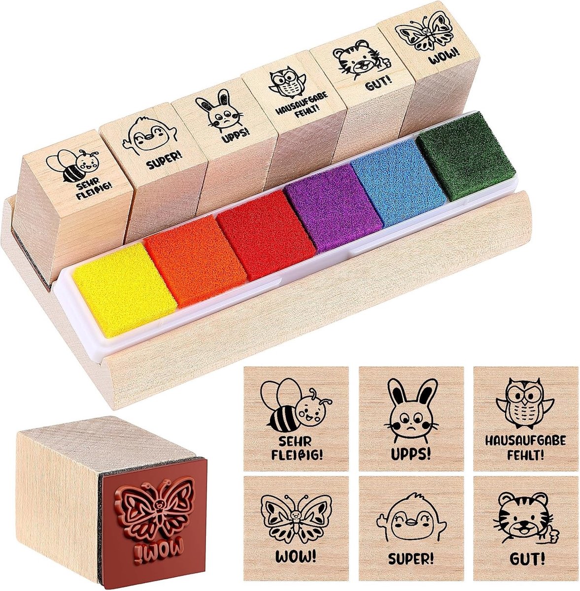 Houten Dierenstempels voor Leraren, 6 Kleurrijke Stempelkussens, Perfect voor Kinderen en Kleuteronderwijs, Motivatie en Schoolgebruik