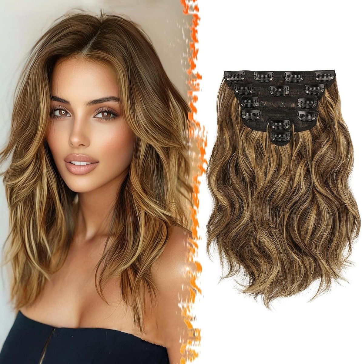 Korte Golvende Haar Extensions van 30 cm, 6 Stuks Dikke Krullende Natuurlijke Synthetische Clip-in Haarstukken - Chocoladebruin met Highlights voor Vrouwen