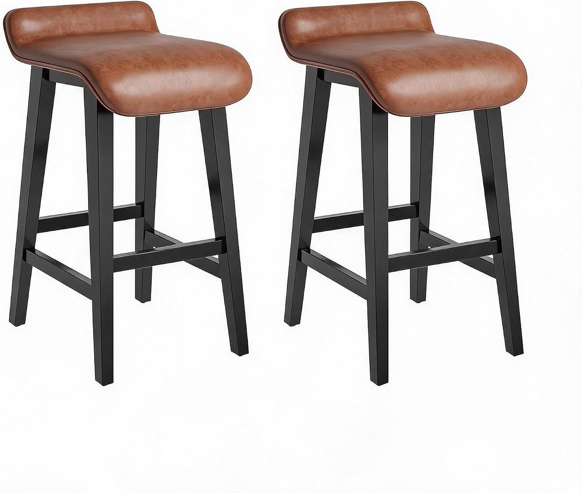 Moderne barkrukken op barhoogte 26,2" gestoffeerde zittingen met massief houten poten – lage rugleuning – ingebouwde voetsteun – set van 2 – bruin