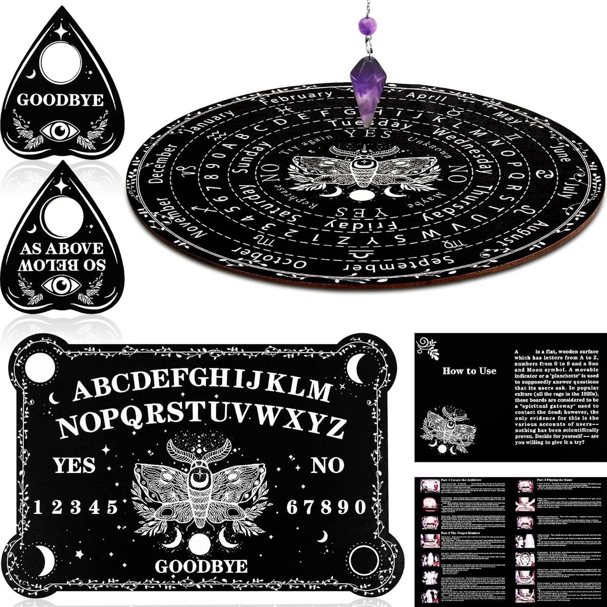Pendulum Dowsing Pack met Amethist, Spirit Board en Planchette voor Wicca en Divinatie, Ideaal voor Spirituele Praktijken en Meditatie