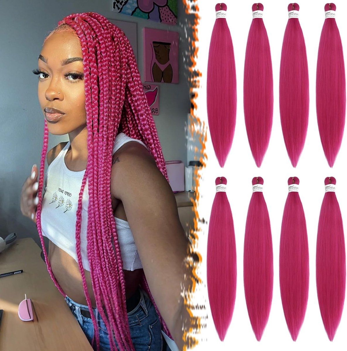 26 Inch Pre-Stretched Vlecht Haar, 8 Packs Fuchsia Vlecht Extensions met Yaki Textuur voor Eenvoudig Vlechten en Cosplay