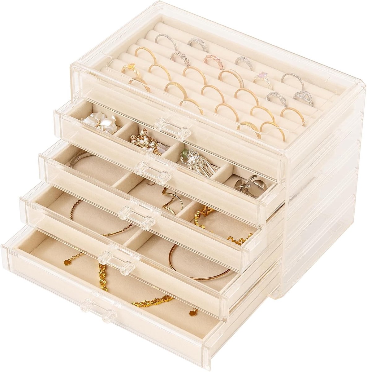 Extra Grote Acryl Sieradenbox voor Vrouwen en Meisjes met 5 Lagen en Lades - Organisator voor Oorbellen, Ringen en Kettingen (Beige)