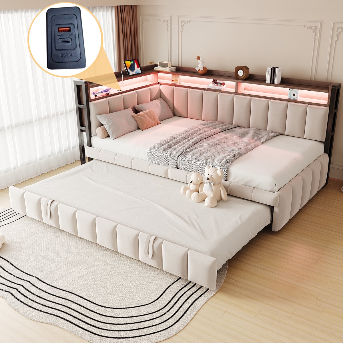 Gestoffeerd slaapbank met uitschuifbed en LED - voor logeerkamer en kleine ruimtes - 90x200 cm tot 180x200 cm tweepersoons - beige fluweel - USB-C en opbergvakken - 20-delige lattenbodem