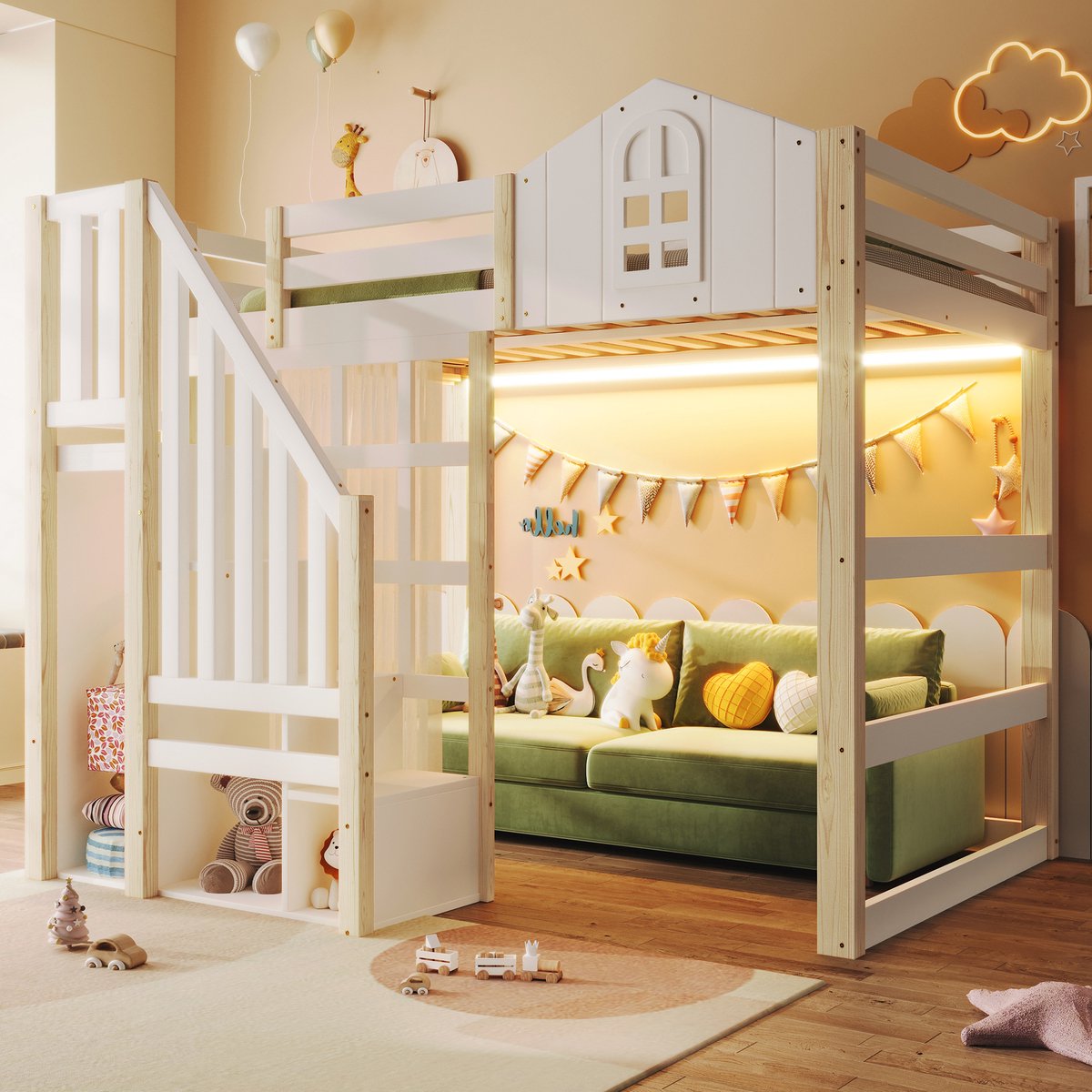 Hoogbed 140x200 cm - Kinderbed met raamdesign en LED - Wit+Natuur - Opbergtrap met legvakken - Open opbergruimte onder - Inclusief wit gaasgordijn - Stevig grenenhout - Voor kinderen vanaf 6 jaar