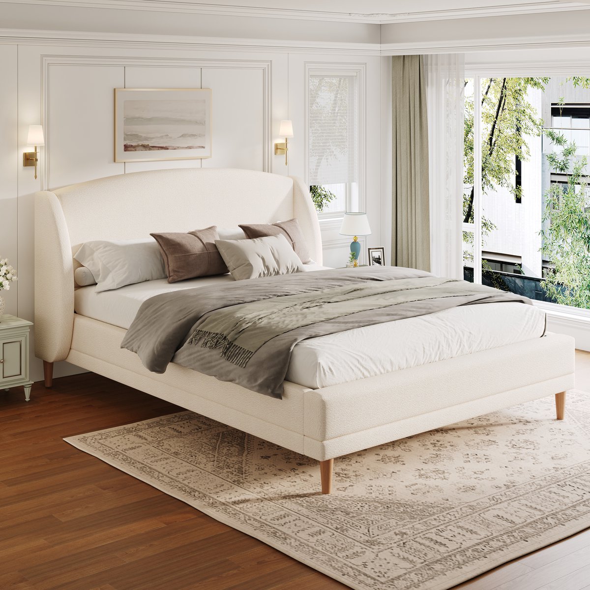 Gestoffeerd bed - Stijlvol slaapcomfort - 140x190 cm tweepersoons - Ivoorkleurig wit - Vleugel hoofdbord - Zachte bouclé bekleding - Inclusief lattenbodem