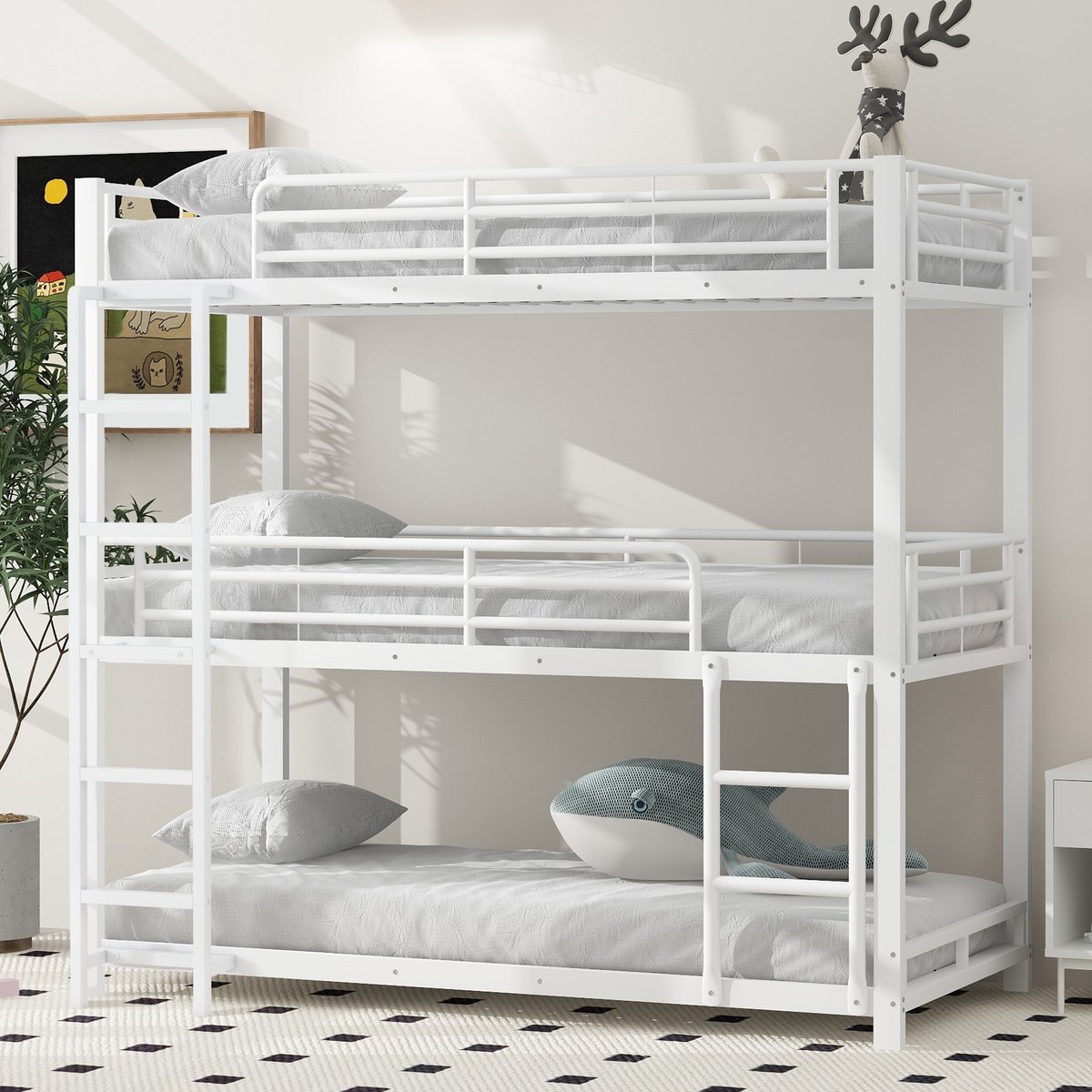 Metalen stapelbed 3-persoons - Ruimtebesparend - 90x200 cm - 3 personen - Wit - Veiligheidshekken - Vaste ladder - Stalen frame - Max. 120 kg per bed