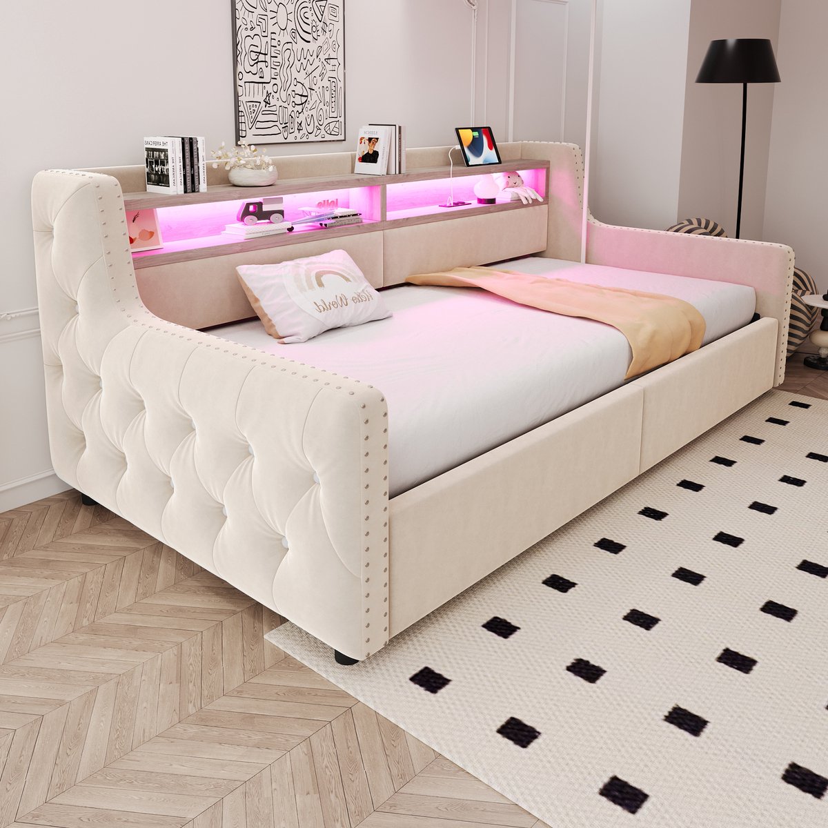 Gestoffeerde slaapbank met hydraulische opbergruimte - 90x200 cm - Beige - Dikke gevoerde rug- en armleuningen - LED-verlichting en oplaadpoorten - Inclusief lattenbodem