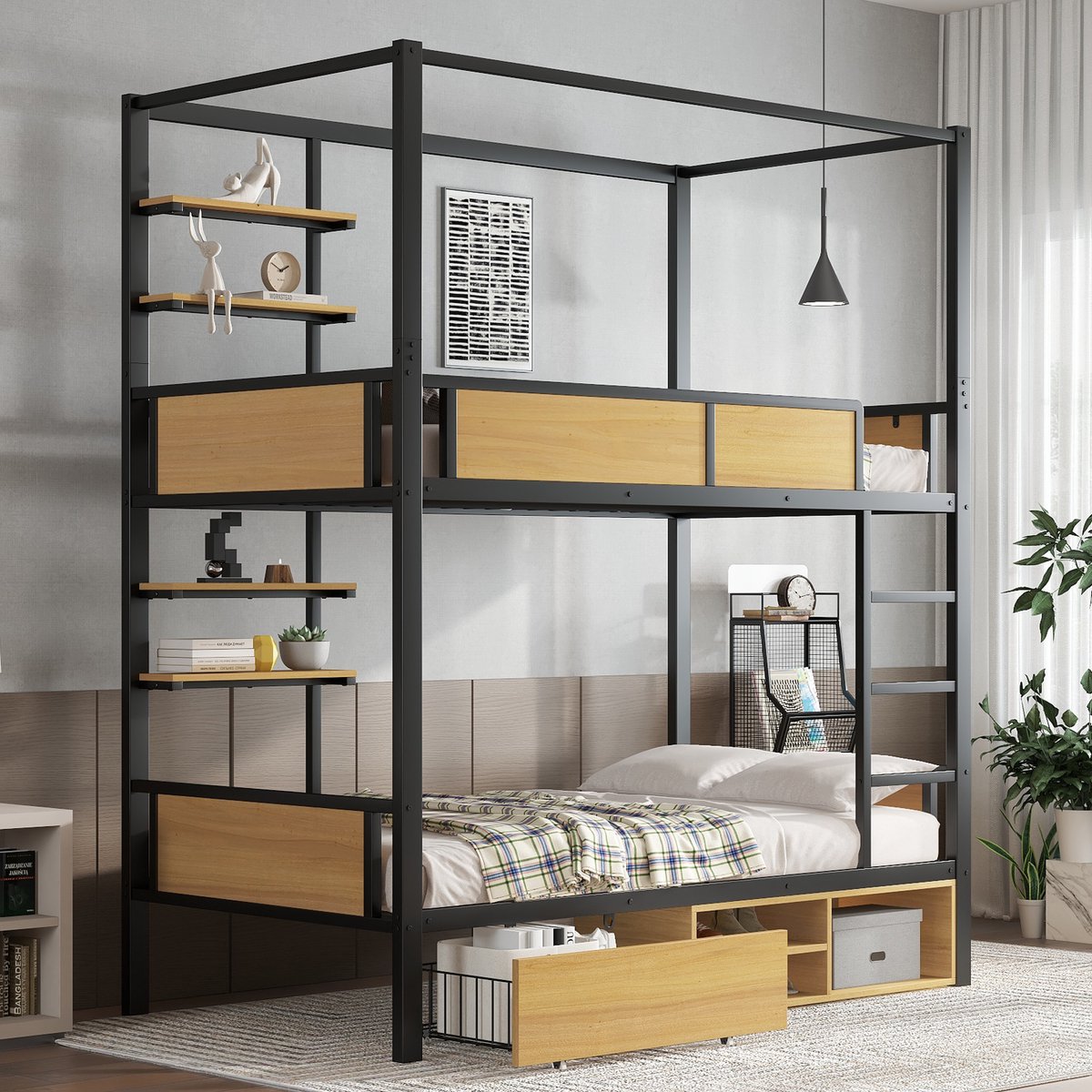 Metalen stapelbed met opbergruimte en dubbel rek - 90x200 cm - Zwart + naturel hout - Zijrek met dubbele plank - Lades en opbergruimte onder het bed - Geschikt voor gordijnrails